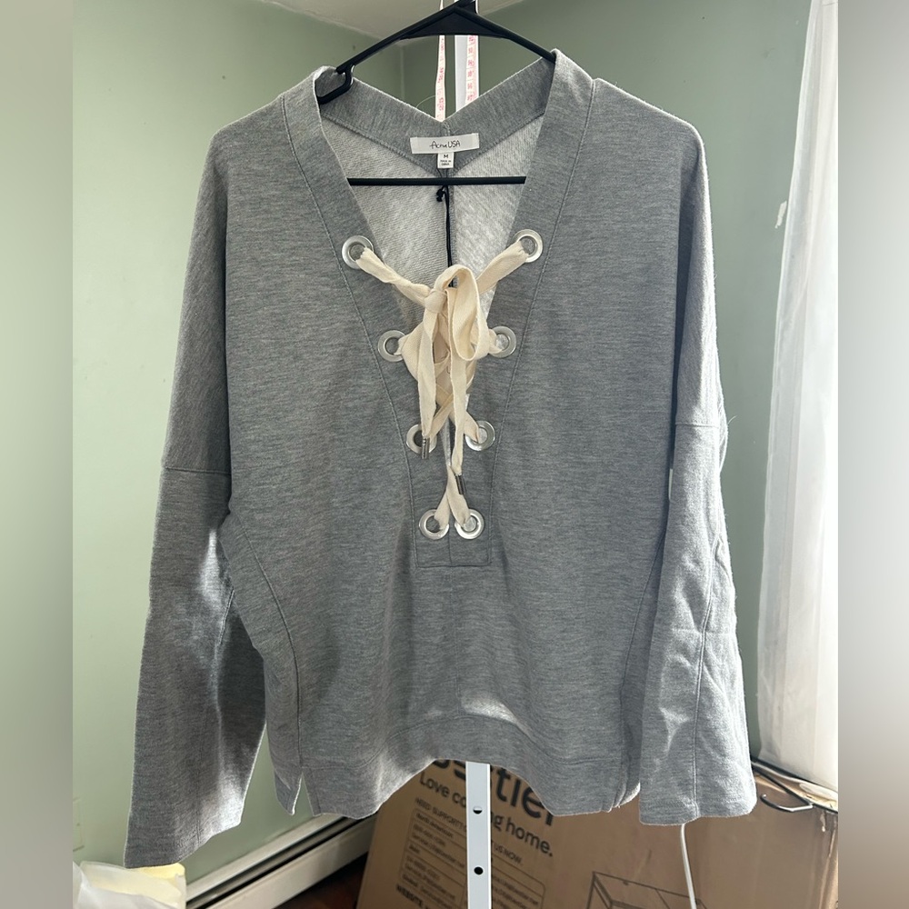Active USA Heather Gray V-neck sweatshirt with tie 
NWT